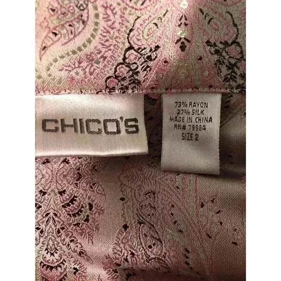 Chicos Size 2 Large Champagne Pink And Silver Paisley Silk Blend Jacket - Picture 6 of 6